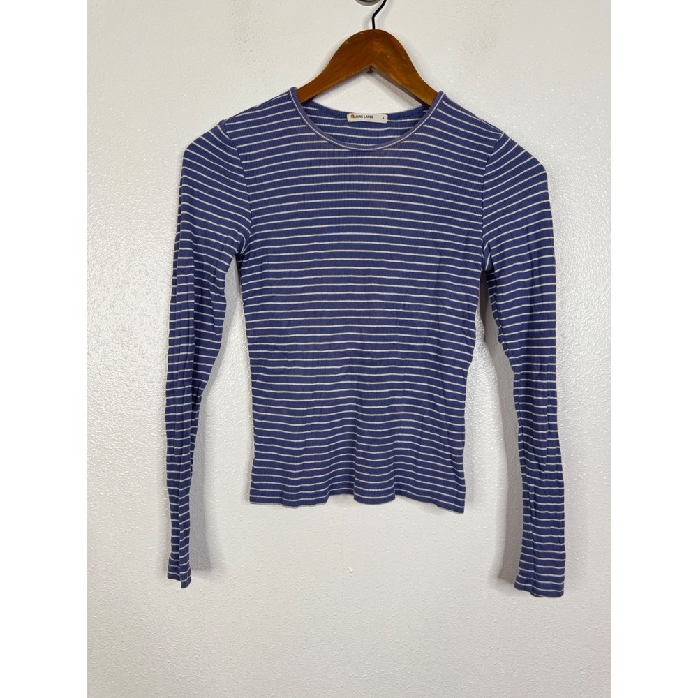 Marine Layer Blue White Striped Ribbed Long Sleeve Crew Neck Top Small
